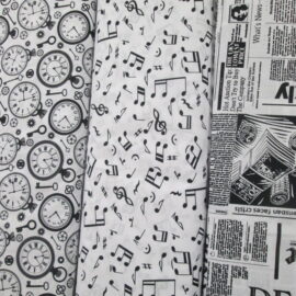TESSUTO FANTASIA BIANCO E NERO MOZART GIORNALE OROLOGI
