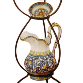 Set Lavabo Ceramica di Castelli - Brocca, Catino e Supporto Ferro cm 80